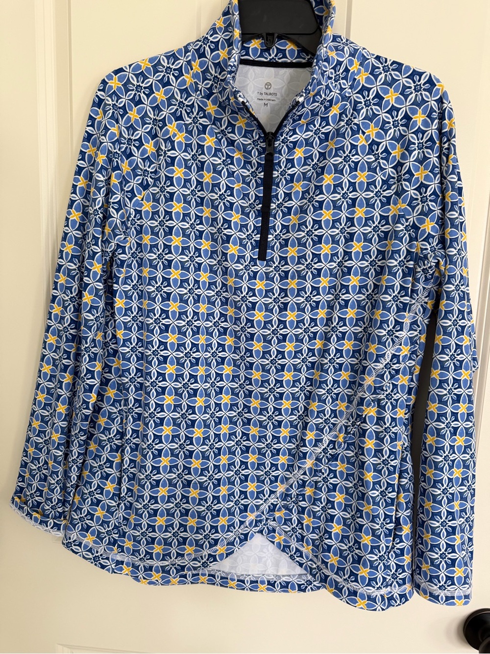 Talbots Blue, White & Yellow Geometric Quarter-Zip Pullover